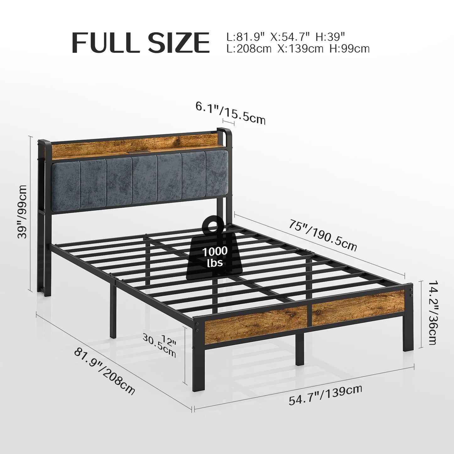 Platform Bed Frame with Storage Headboard, Metal Platform Bed with LED Lights & Charging Station, Under Bed Storage