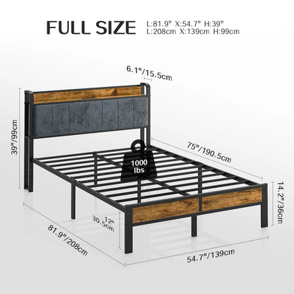Platform Bed Frame with Storage Headboard, Metal Platform Bed with LED Lights & Charging Station, Under Bed Storage
