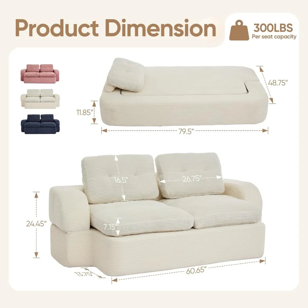 Foldable Sofa Bed Convertible Boneless Couch No Assembly Love Seat Sleeper for Living Room Bedroom Apartment