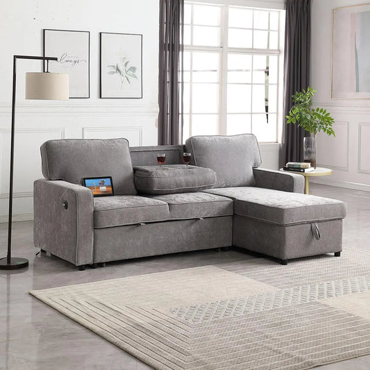 89" Sofa Bed, Chenille Modern 2-in-1 Convertible Sleeper Sofa, Pull Out Couch Bed with Storage Chaise, L Shaped Couch with USB a