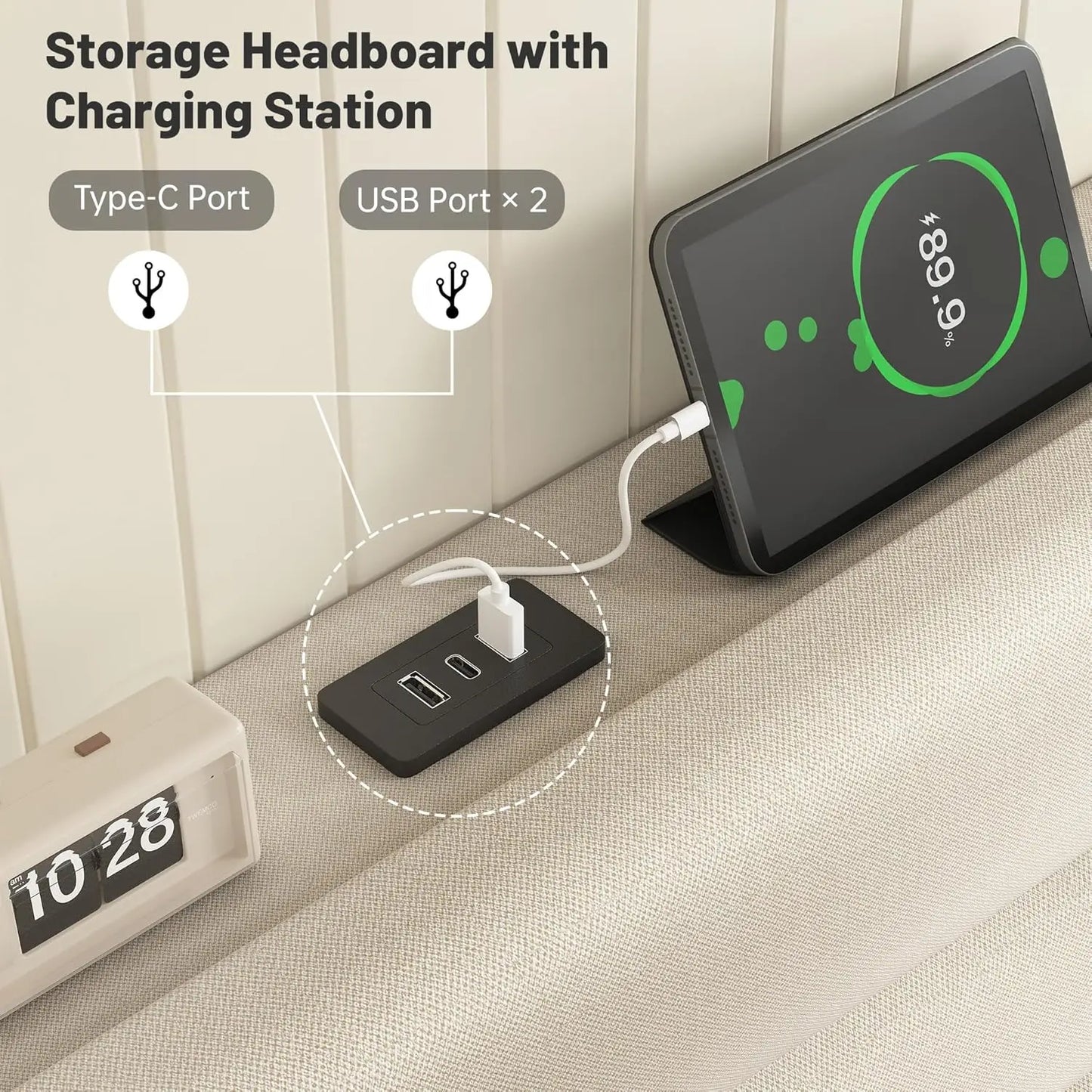 Queen Bed Frame with Fabric Upholstered Headboard, Storage Headboard and Charging Station, Queen Size Bed Frame