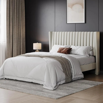 Queen Bed Frame Upholstered Platform Bed with Fabric Headboard, Wing Edge Design/Non-Slip and Noise-Free/Wooden, Customized