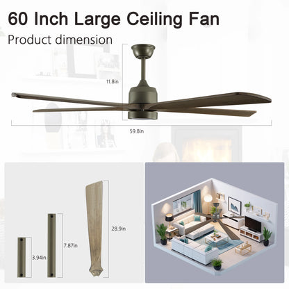 ARLGSITE 60“ Simple Modern Olive Green Wood Grain Silent Ceiling Fan Light, Adjustable , Suitable for Living Room & Bedroom