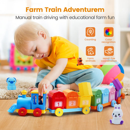 Montessori Farm Train Set for Toddlers Learning Counting, Matching & Sorting Fine Motor Skills,Preschool Toy Birthday Gift