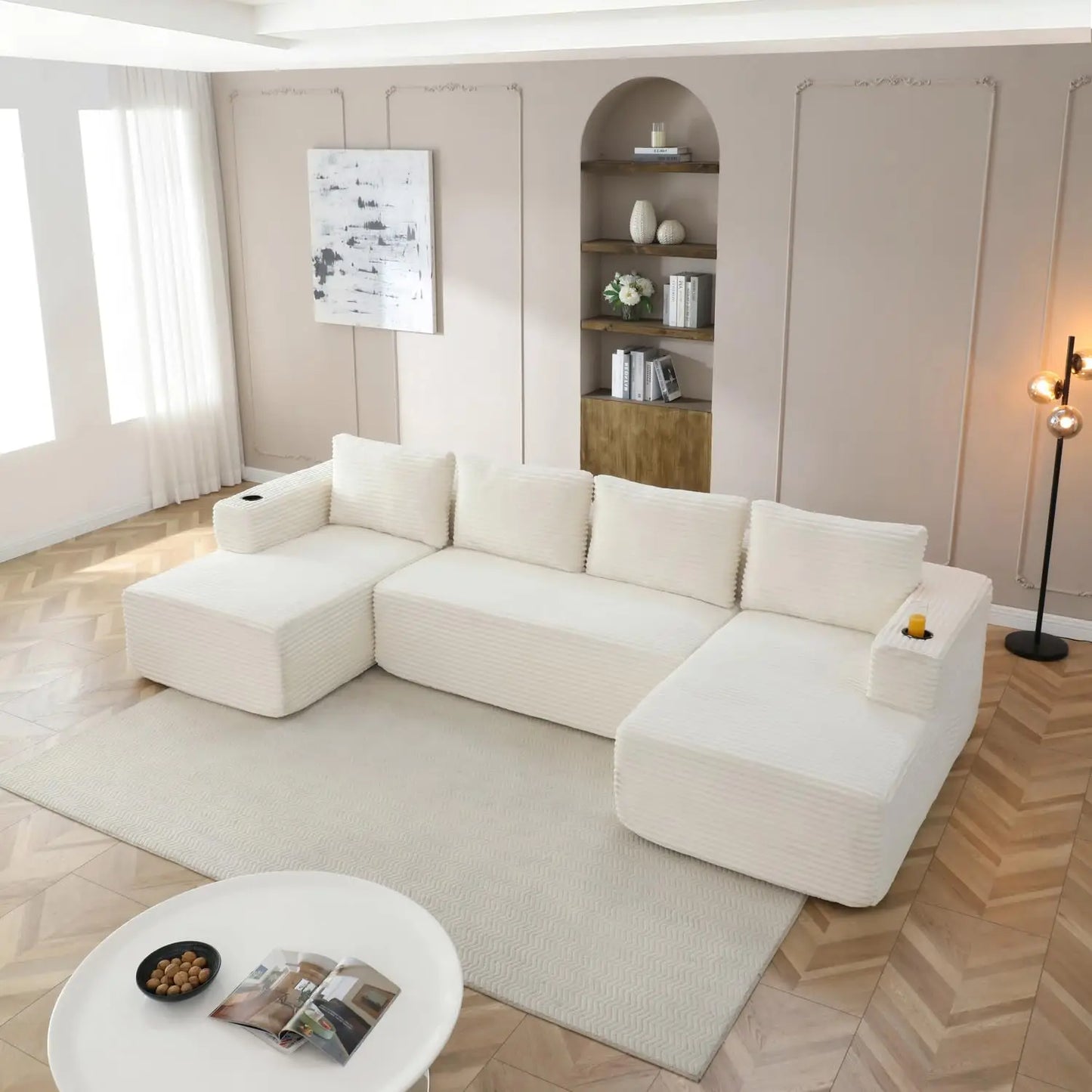 132" Modular Sectional Sleeper Sofa, Boneless Cloud Couch for Living Room, U Shaped 5 Seat Sofa with 2 Cup Holders,, Customized