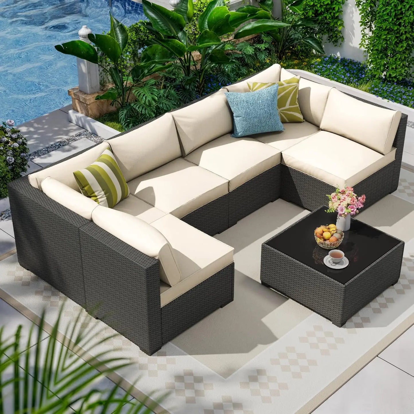 7 piece outdoor patio furniture set, outdoor sectional furniture, rattan & wicker modern modular conversation set sofa couch w/w
