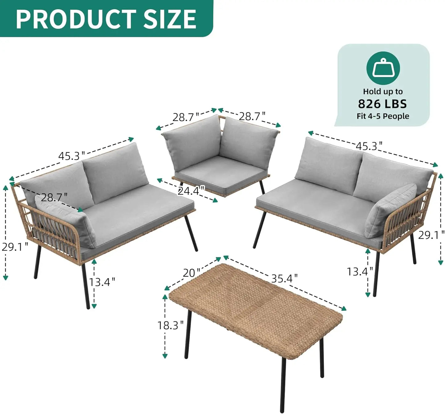 Outdoor L-Shaped Wicker Sofa Set with Cushions and Side Table, 5-Seater Patio Furniture for Backyard