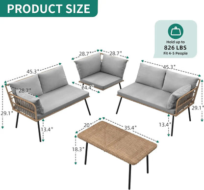 Outdoor L-Shaped Wicker Sofa Set with Cushions and Side Table, 5-Seater Patio Furniture for Backyard