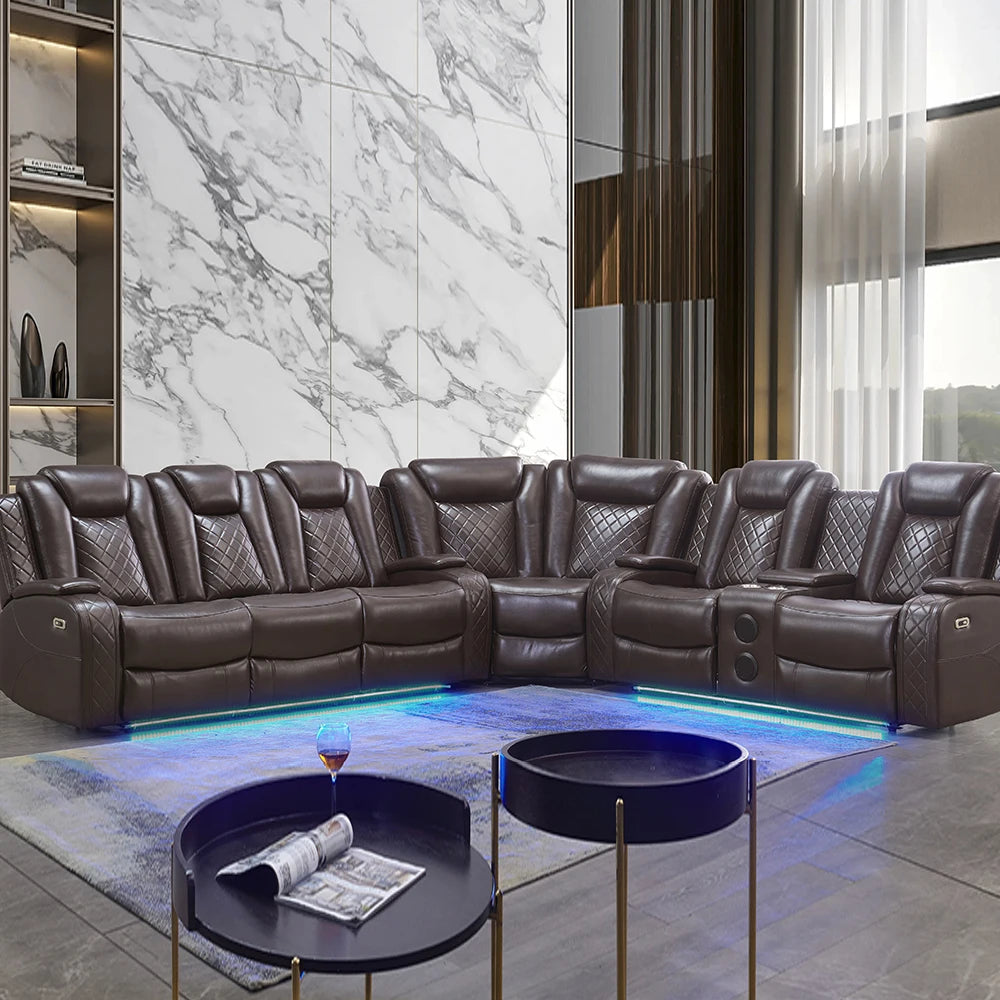 Power Reclining Sofa Couch with Wireless Charger 3 Seaters Recliner  Reading Light Leather Bluetooth Speaker Theater Seating LED