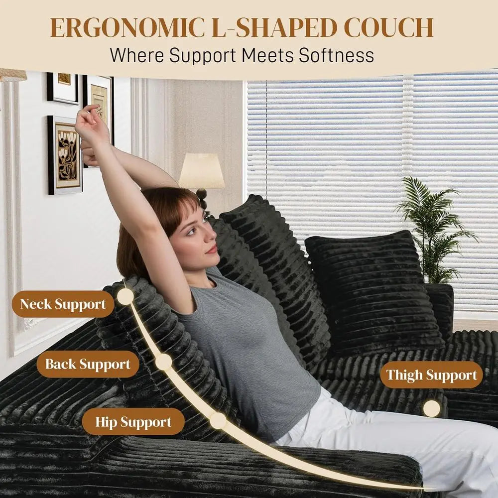 108" L Shaped Boneless Sectional Couches for Living Room, Comfy Corduroy Floor Cloud Sofa with Chaise, Wide Armrest, Deep Seat,