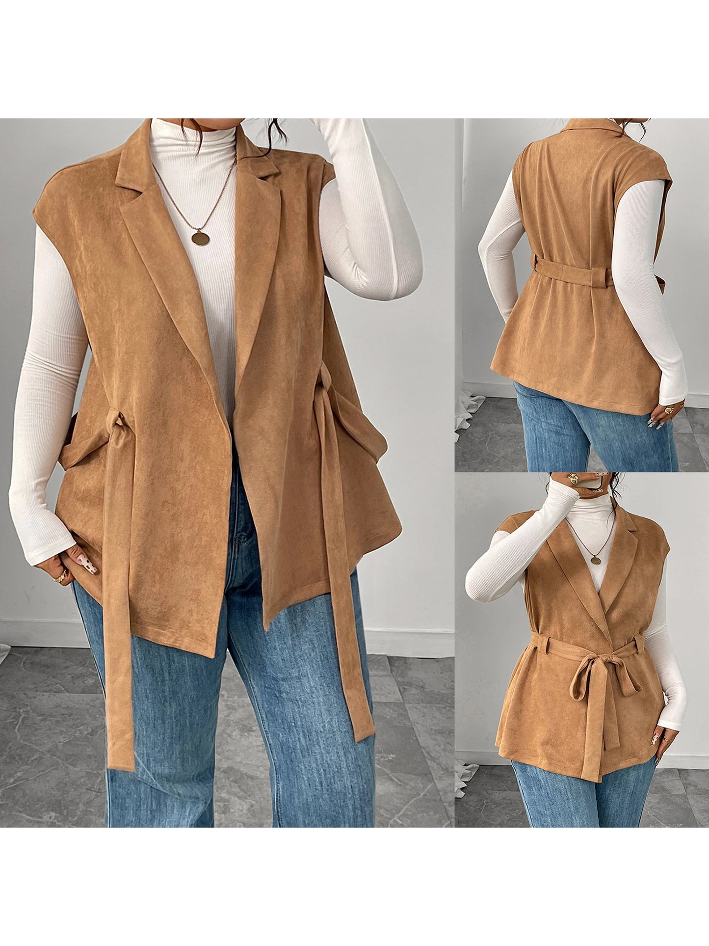 Women Plus Size Sleeveless Vest Autumn Winter Solid Color Lapel Collared Belted Outerwear Work Office Vest with Pockets and