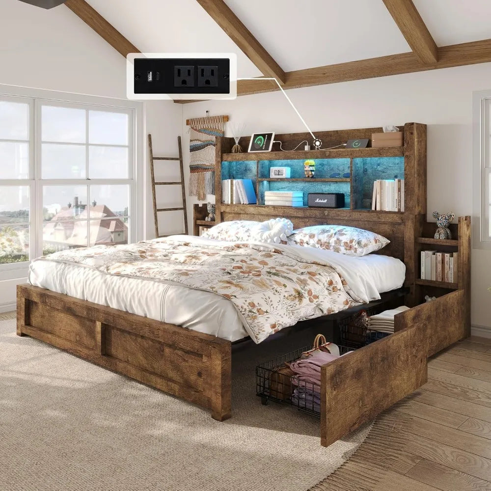 King Bed Frame with 49.6 Bookcase Headboard & 2 Bedside Stoage Racks & 4 Drawers, Farmhouse Wood Bed Frame with RGB LED & Chargi