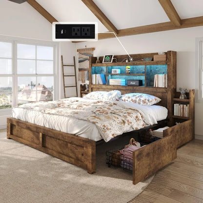 King Bed Frame with 49.6 Bookcase Headboard & 2 Bedside Stoage Racks & 4 Drawers, Farmhouse Wood Bed Frame with RGB LED & Chargi