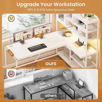 L Shaped Computer Desk, 58'' Office Desk with LED Light and Bookshelf, L Shaped Corner Desk with Storage Shelves