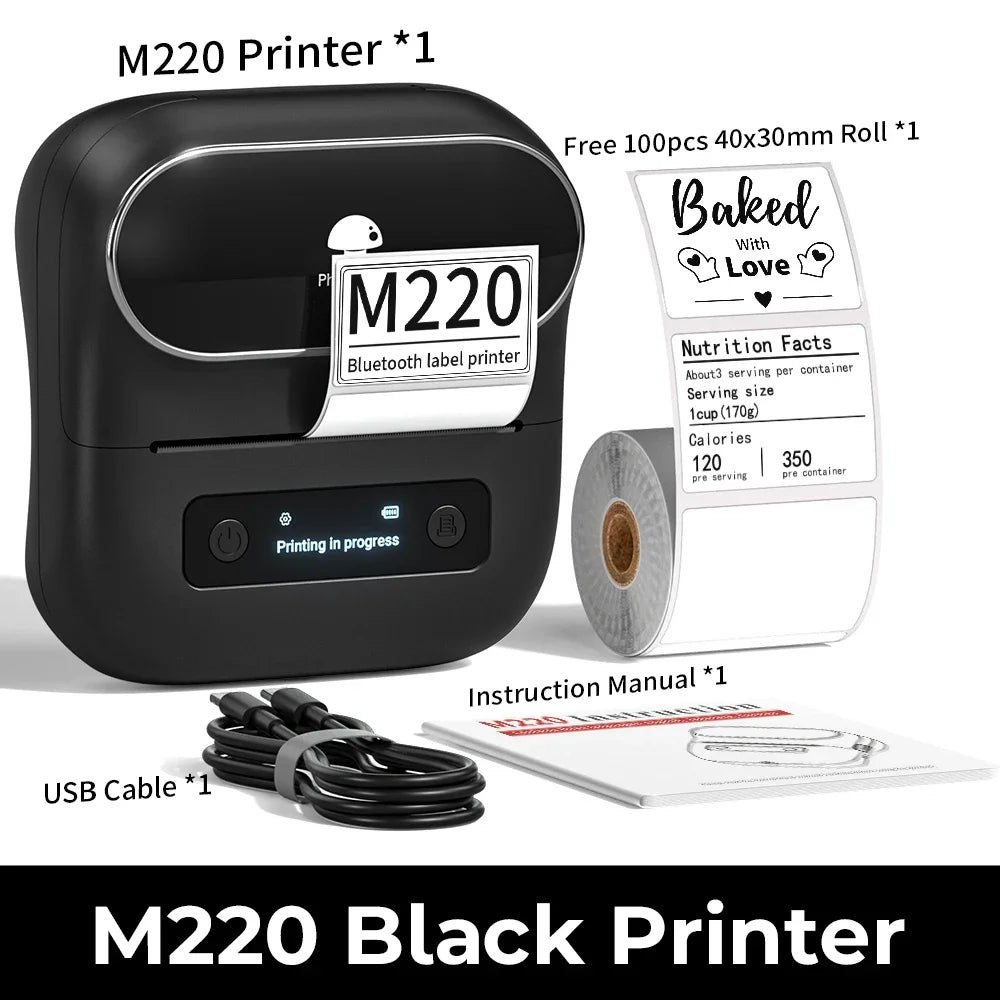 Phomemo M220 Label Printer Portable Handheld Thermal Maker Bluetooth Barcode QR Code Sticker Paper Rolls Labeller White 75mm Tag