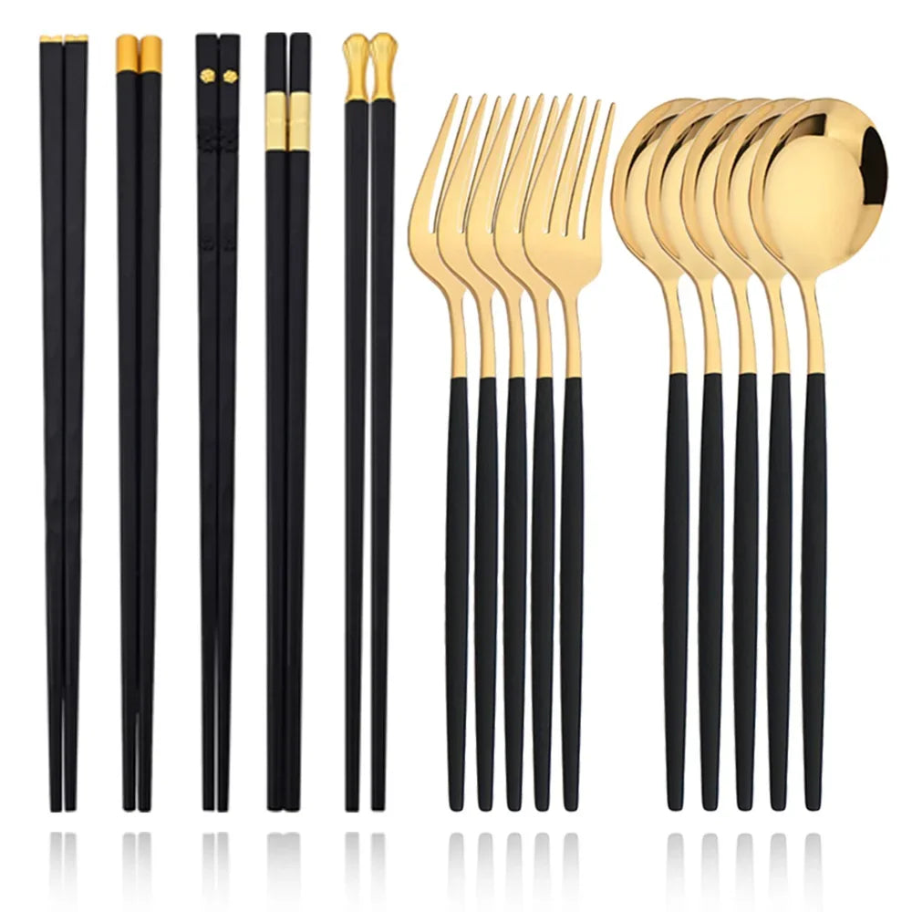 15-20Pcs Korean Dinnerware Set Black Silver Cutlery Set Chopsticks Knife Fork Spoon Stainless Steel Luxury Tableware Set