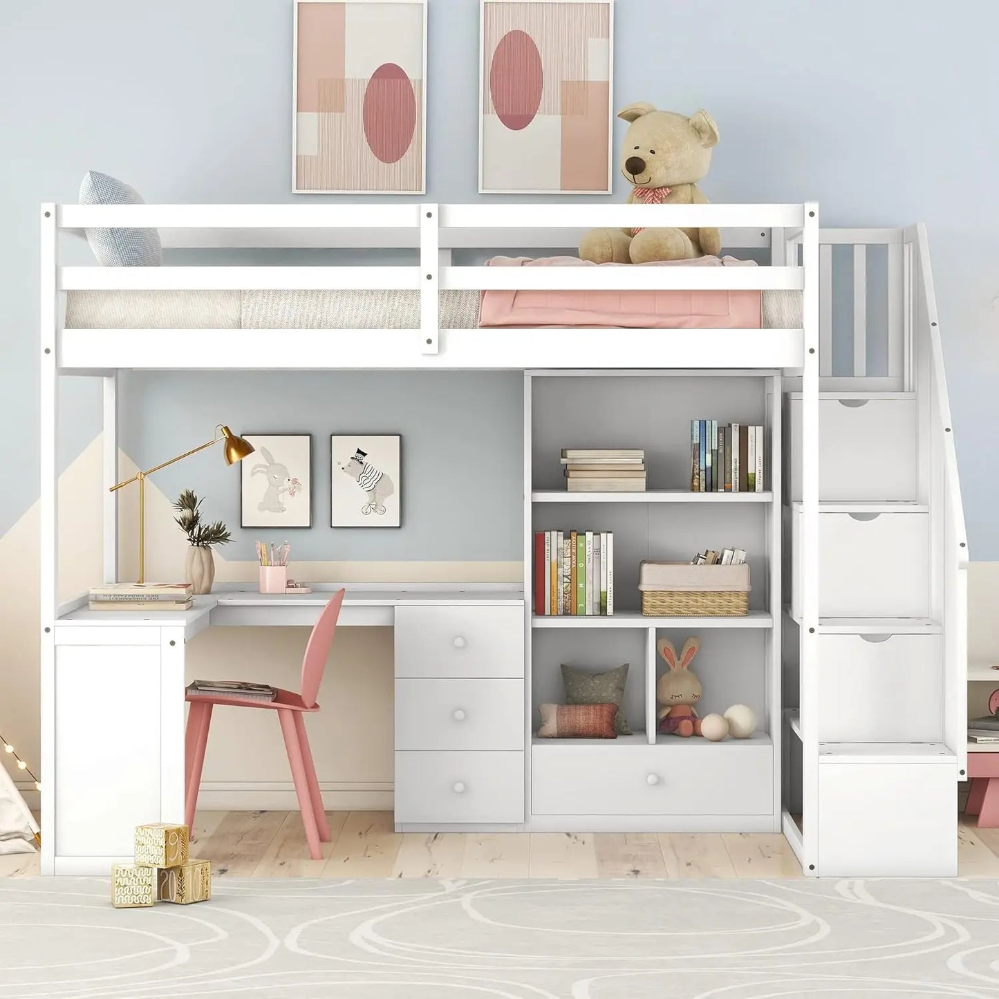 Solid Wood Loft Bed with L-Shaped Desk, Twin Loft Bed with Storage Drawers and Cabinets, White, Customized