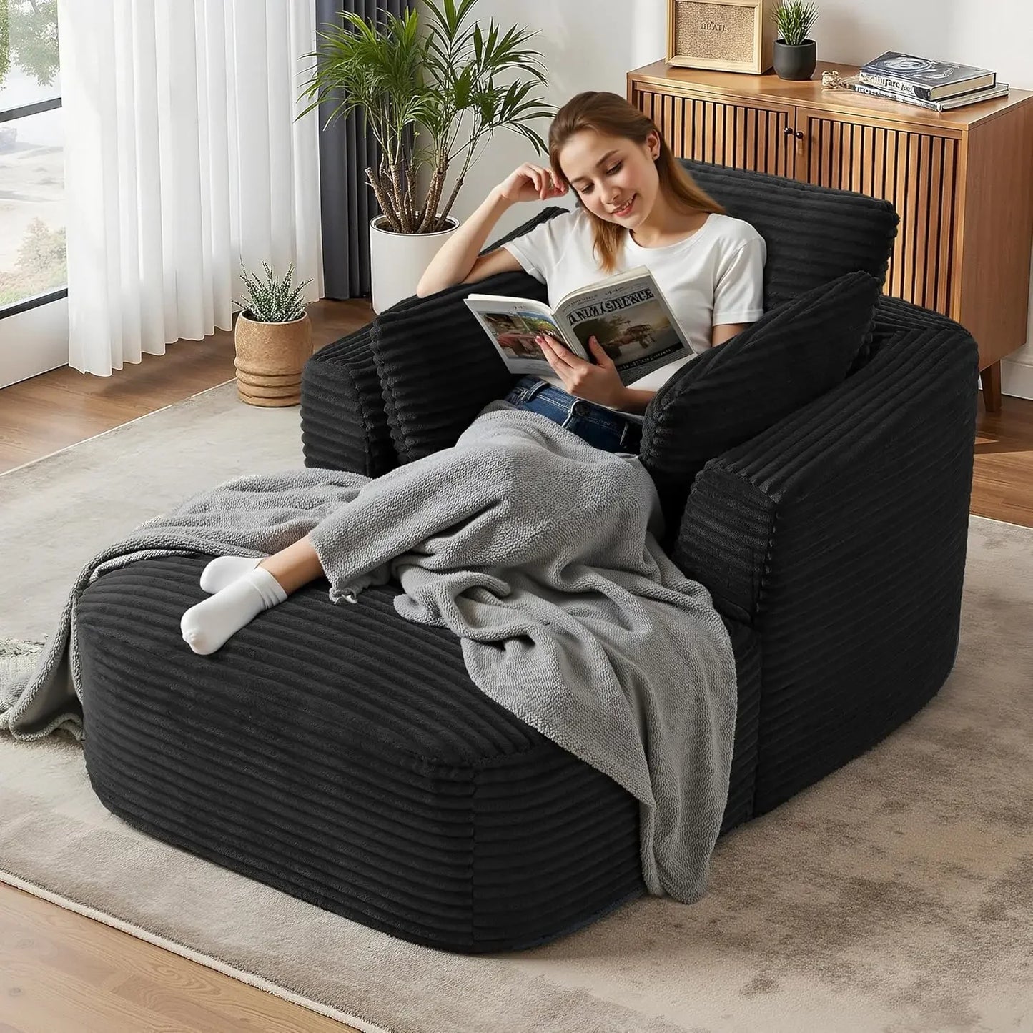 65" Boneless Couch Corduroy Living Room Chairs Luxurious Reading Chair Deep Seat Sleeper Chair Oversized Chaise Lounge Chair