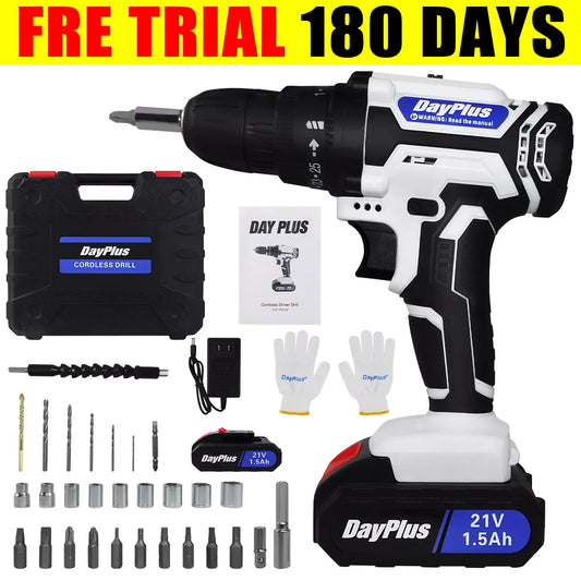 DayPlus 21V Portable Cordless Power Drill Set Impact Screw Driver with 1500mAh Li-Ion Battery 25+1 Torque Setting 45N.m