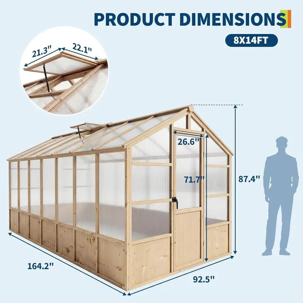 8x14 T Wooden Greenhouse or Outdoor, Walk-in Greenhouse Kit with Ventilated Window & Lockable Door & Polyte Panels, Large Wood e