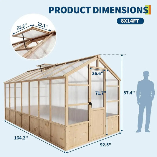 8x14 T Wooden Greenhouse or Outdoor, Walk-in Greenhouse Kit with Ventilated Window & Lockable Door & Polyte Panels, Large Wood e