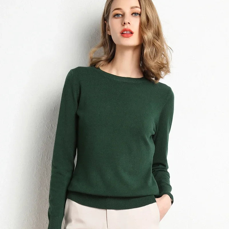 2023 Women Slim O-Neck Pullover Cashmere Wool Blending Sweater Autumn And Winter Long-Sleeved Knit Bottoming Shirt Large Size