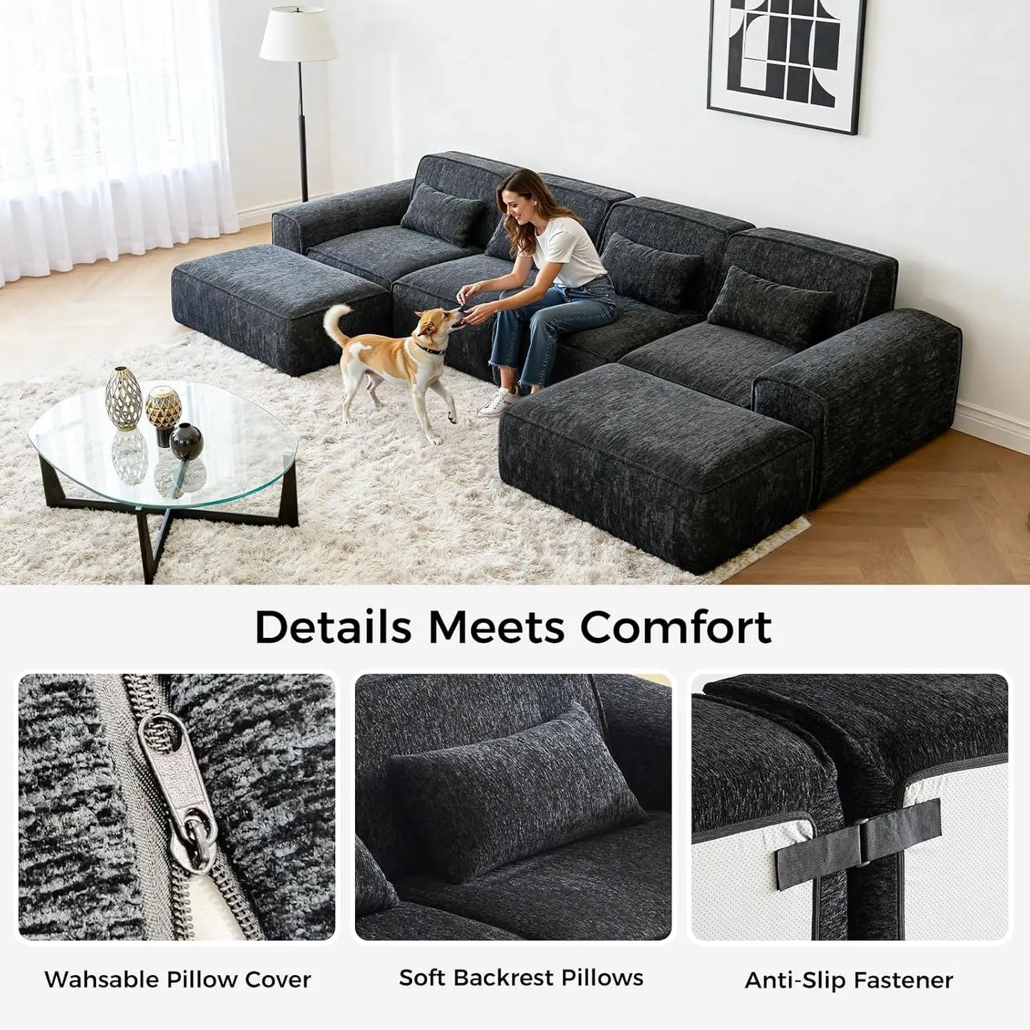 110" U Shaped Modular Cloud Sectional Sofa, Boneless Couch with 2 Ottomans for Living Room, 3-Seater Deep Seat, Customized