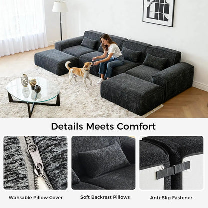 110" U Shaped Modular Cloud Sectional Sofa, Boneless Couch with 2 Ottomans for Living Room, 3-Seater Deep Seat, Customized