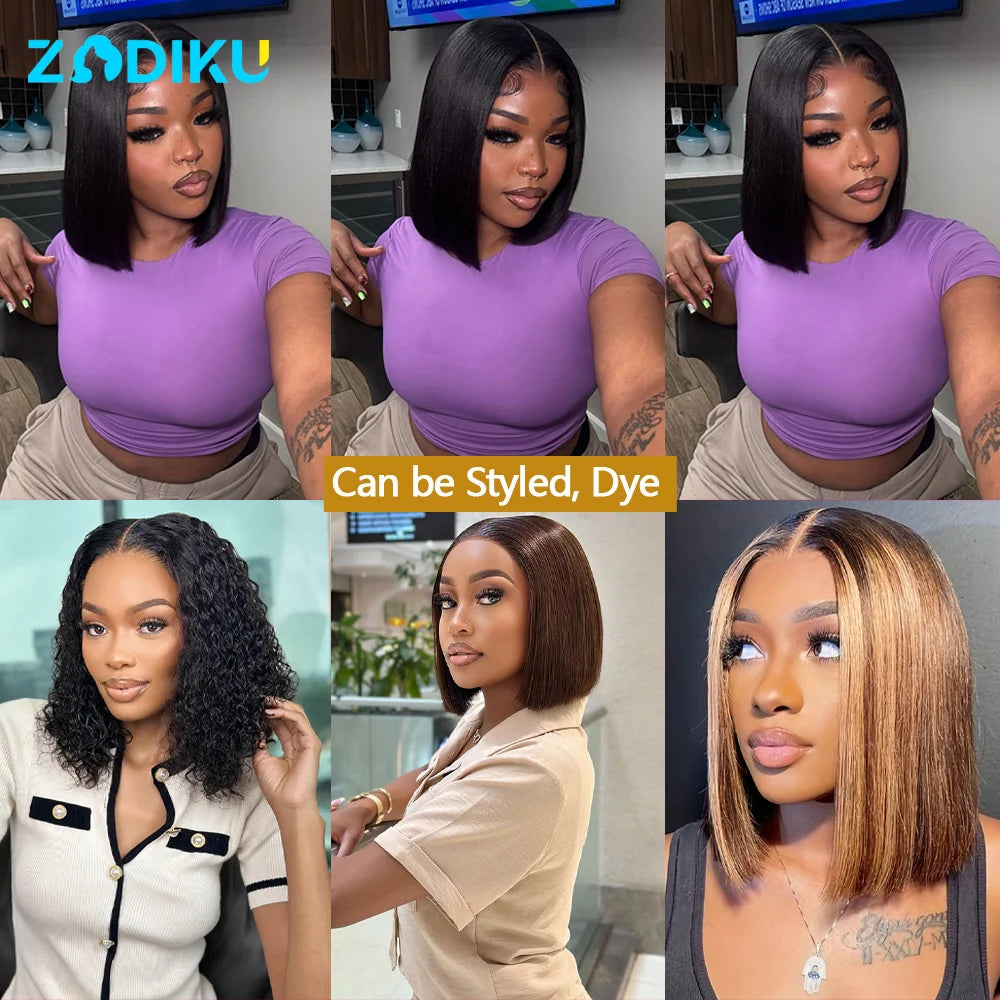 ZIDIKU 10-16inch Glueless Wigs Human Hair Straight Human Hair Wigs 4x4 HD Lace Bob Short Human Hair Wigs 100% Human Hair Quality