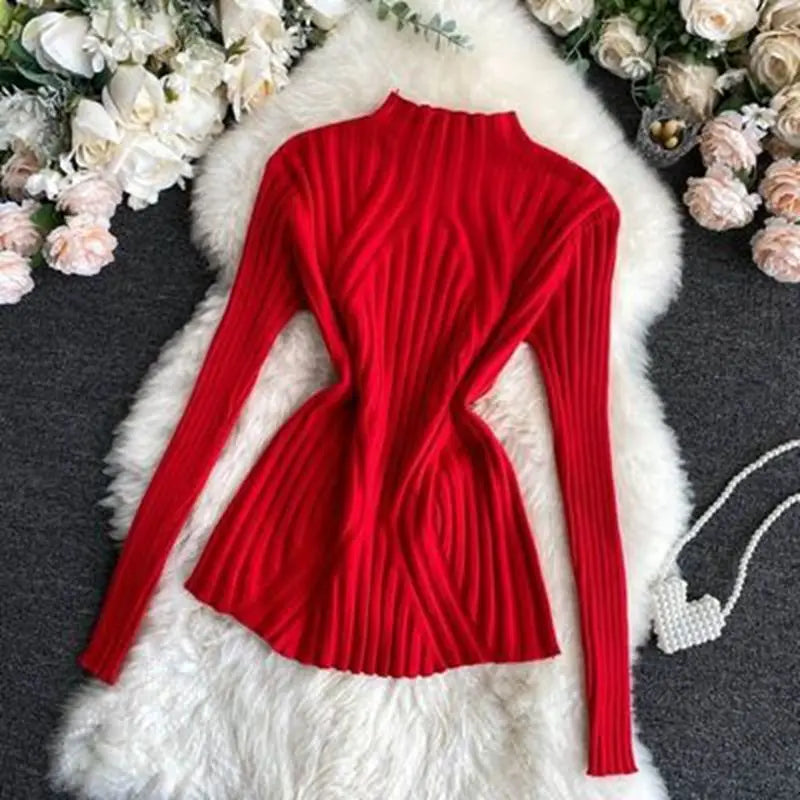 Knitted Sweater Women Pullover 2025 Half Turtleneck Jumper Sweater Autumn Winter Solid Slim Chic Streetwear Long Sleeve Top Y2K