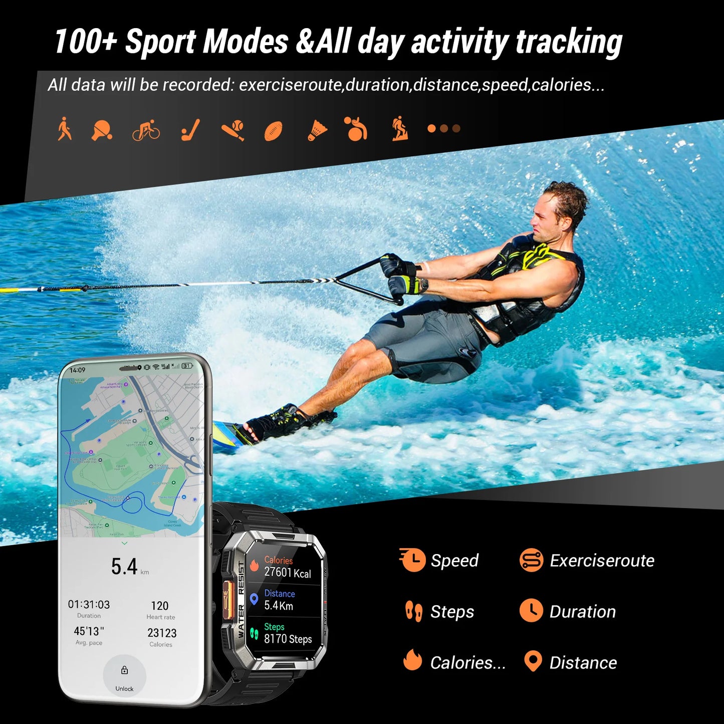 Waterproof W60 Outdoor Smart Watch with Emergency Lighting 2.01'' HD Display 900mAh Large Battery Smartwatch for Women Men Gifts