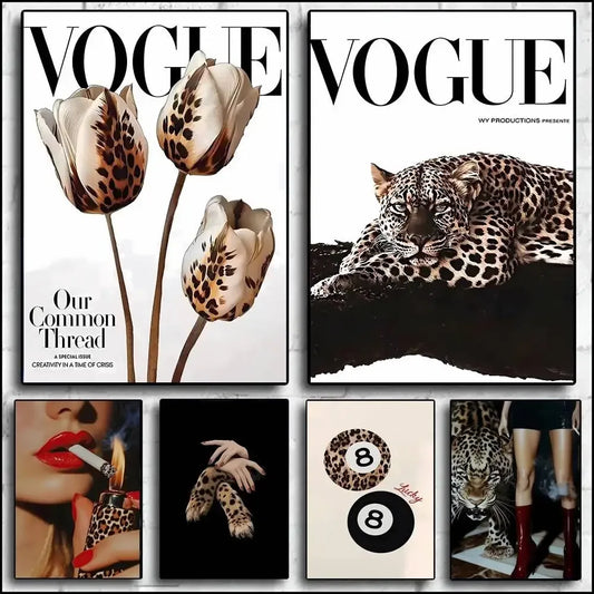 Leopard And Pink Fashion Women And Leopard Wall Art Poster Self-adhesive Art Waterproof Paper Sticker Coffee House Bar Room Wall