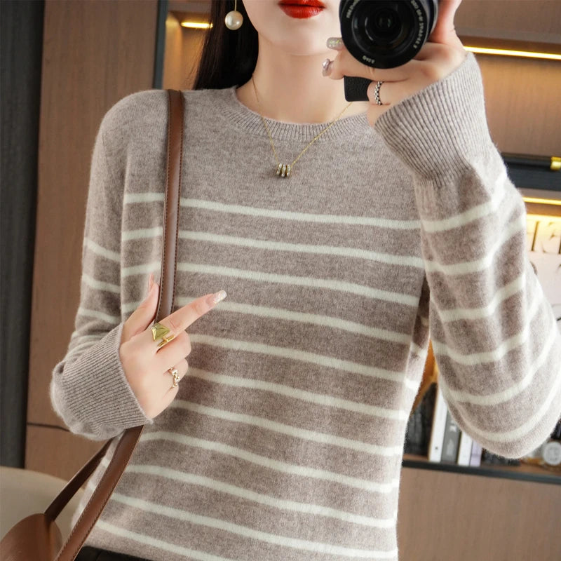 Spring Women's Pullover Sweater Striped Two-Color Sweater Long Sleeve Crewneck New 100% Cotton Pullover Sweater For Women-SMY257