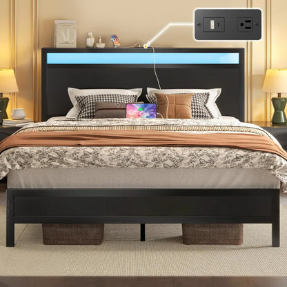 Bed Frame with Headboard & Footboard, Bed Frame with Built-in Charging Station & LED Light, Storage Shelf,, Customized