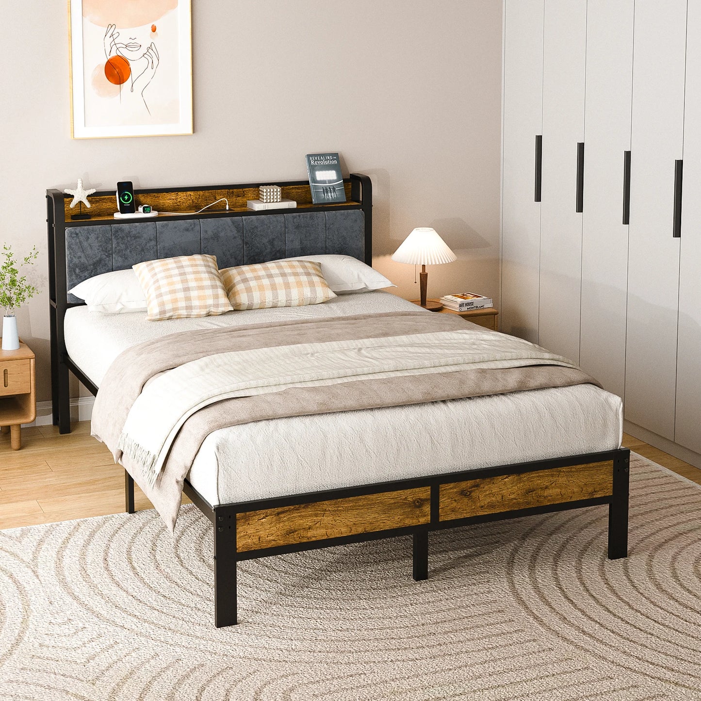 Platform Bed Frame with Storage Headboard, Metal Platform Bed with LED Lights & Charging Station, Under Bed Storage