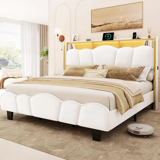 Queen Size Bed Frame with LED Lights and Charging Station Velvet Upholstered Platform Bed Frame with Storage Headboard, No Box S