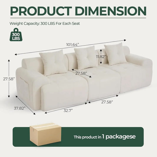 101.65” Modular Sectional Couch for Living Room, 3-Seater Cloud Sofa with Deep Seat, Woven Texture Upholstery, Customized