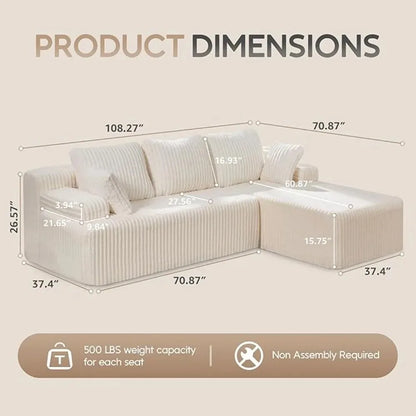 Modular Sectional Sofa Couches 108" L-Shape Couch 3 Seat Modular Sofa Memory Foam Sectional Couches for Living Room