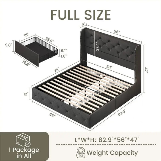 Full Size Bed Frame with 4 Storage Drawers and Wingback Headboard Linen Upholstered Platform Bed Frame Tufted Beds with Wooden S