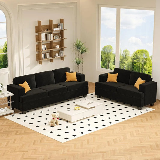 Loveseat & 3 Seater Sofa Sets, Comfy Dark Grey Couch Sofa Set for Living Room Furniture, Modern Lounge Sofa Cloud Couch