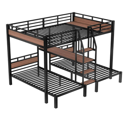 Queen Over Twin Over Twin Metal BunkBed with Storage Stairs and Shelves, 3-in-1 Triple Bunk Bed with Headboard, Space Saving, fo