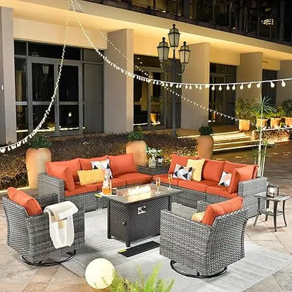 11 Piece Outdoor Patio Furniture Set with Fire Pit Table,Conversation Sectional Wicker Couch with Swivel Chairs,Modern Outside