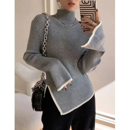 High Collar Knitted Sweater Women's Autumn Winter Loose Style Irregular Design Comfortable Lazy Fashion Early Autumn Top