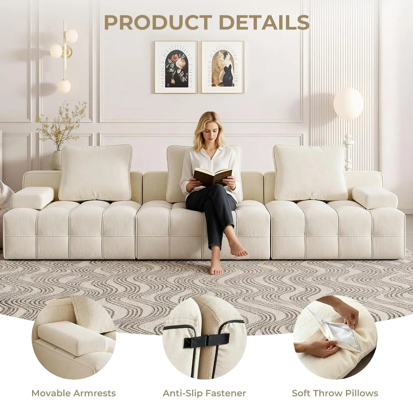 118" Modular Cloud Sectional Sofa, Boneless Couch for Living Room, 3-Seater Deep Seat Comfy Sectional Couch, No, Customized