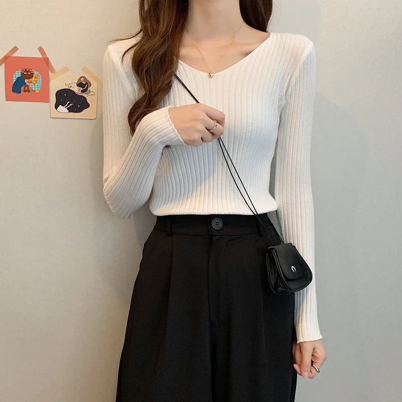 2025 Korean Autumn Winter V Neck Sweater Fashion Casual Long Sleeve Knitted Sweaters Solid Color Slim Pullovers Women Clothes