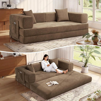 78.8''Sleeper Couch Bed for Livingroom，Convertible Modular Sofa with Armrest Pillow，Modular Fldable Corduroy, Customized