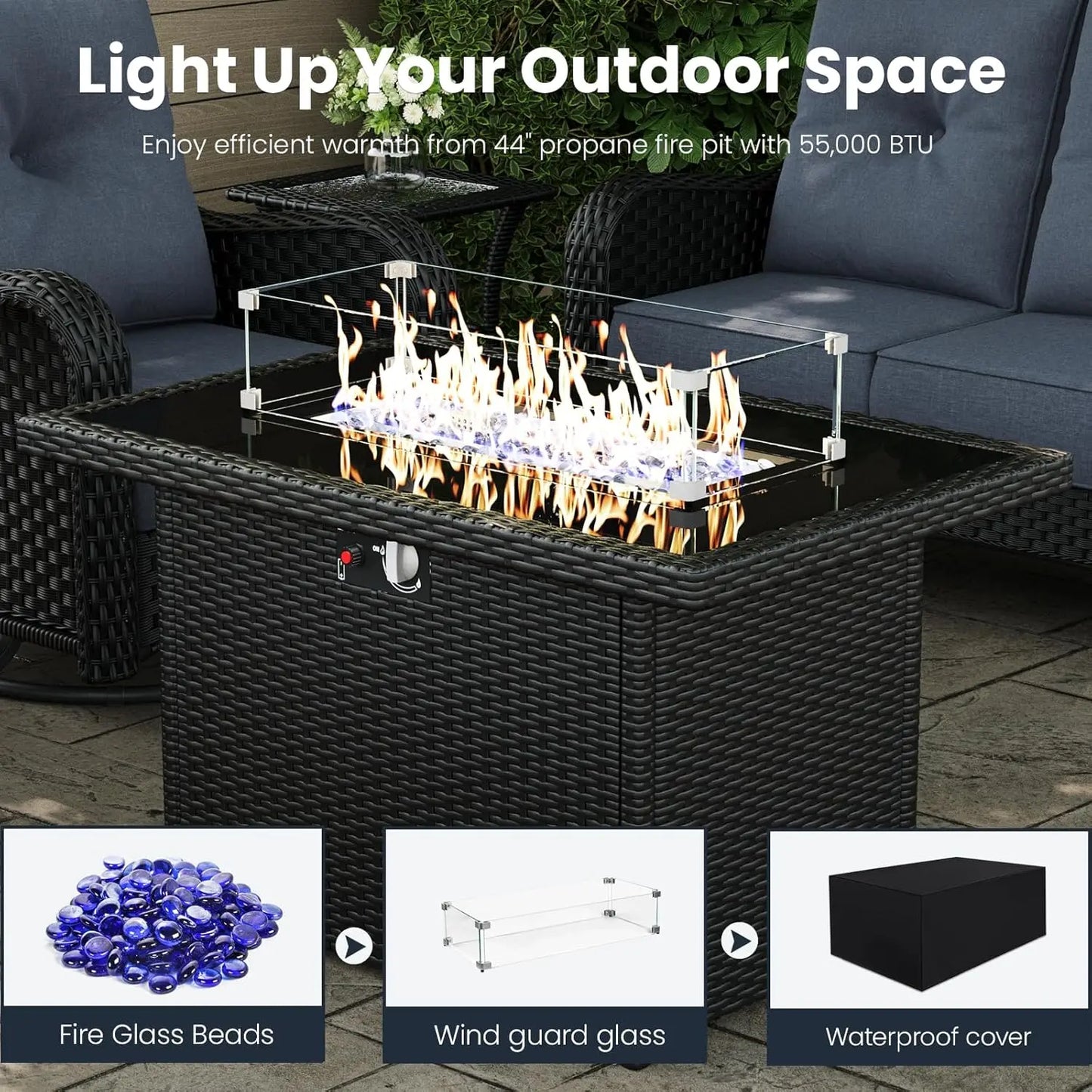 10 Pieces Outdoor Patio Furniture Sets with Rocking Swivel Chairs with 6-inch Thick Cushion and Fire Pit Table for, Customized