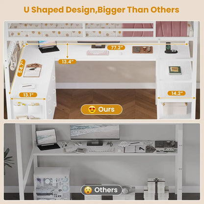 Loft Bed Full Size with U-Shaped Desk, 6 Storage Drawers, Power Outlet, LED Metal Loft Bed with 2 Storage Shelves,White