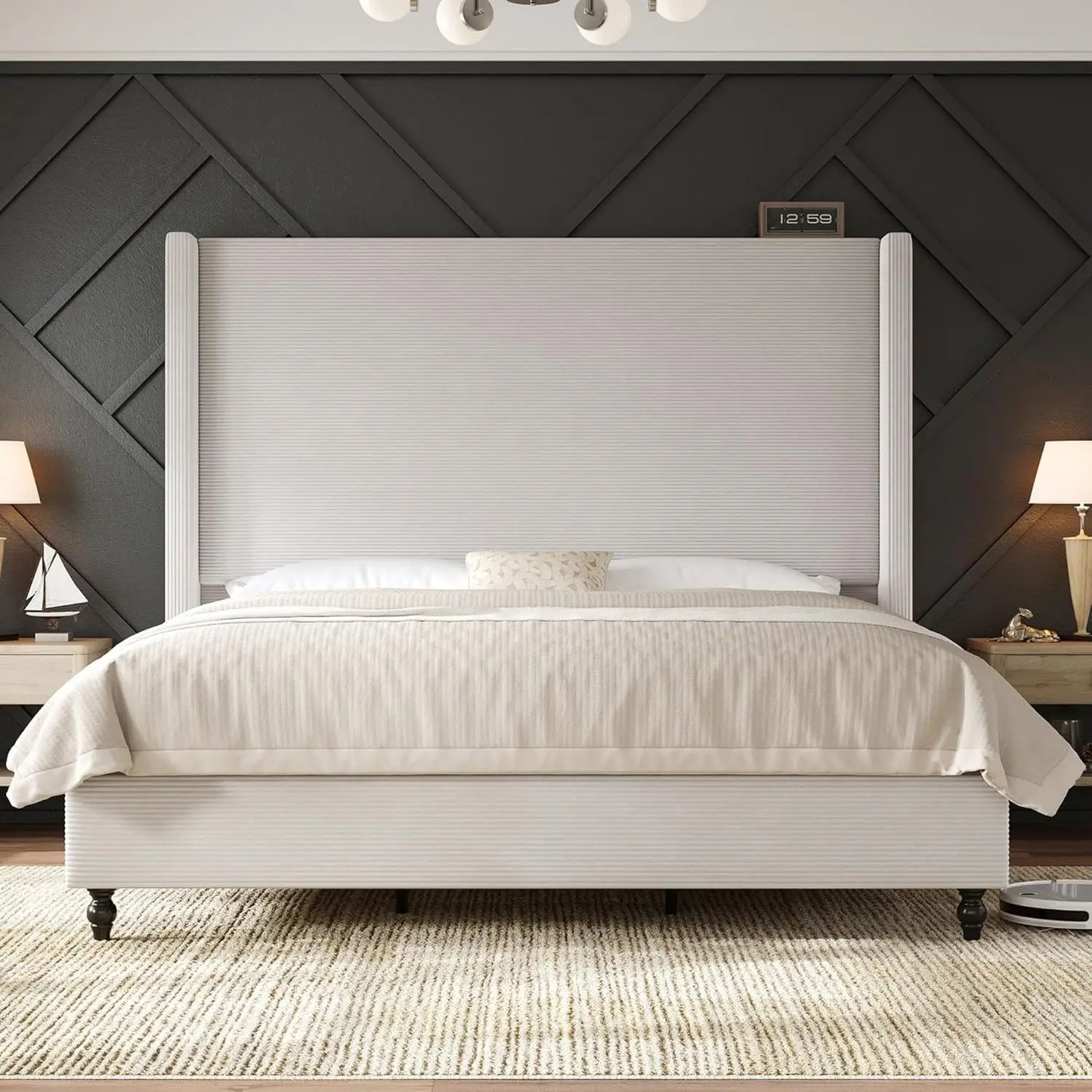 King Size Bed Frame With 65" Tall Headboard, Upholstered Corduroy Bed Frame With Wingback, Platform Bed With Solid, Customized