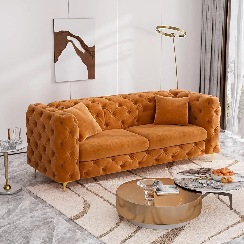 75" Sofa Couch Mid Century Modern Velvet Couch Tufted Button Sofa High Armrest & Metal Gold Legs Luxury Chesterfield Decor with
